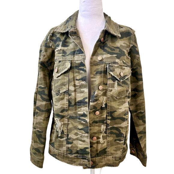 Camo Military Denim Canvas Utility Jacket Grunge Coat Women Size Large/XL USA - Picture 2 of 9